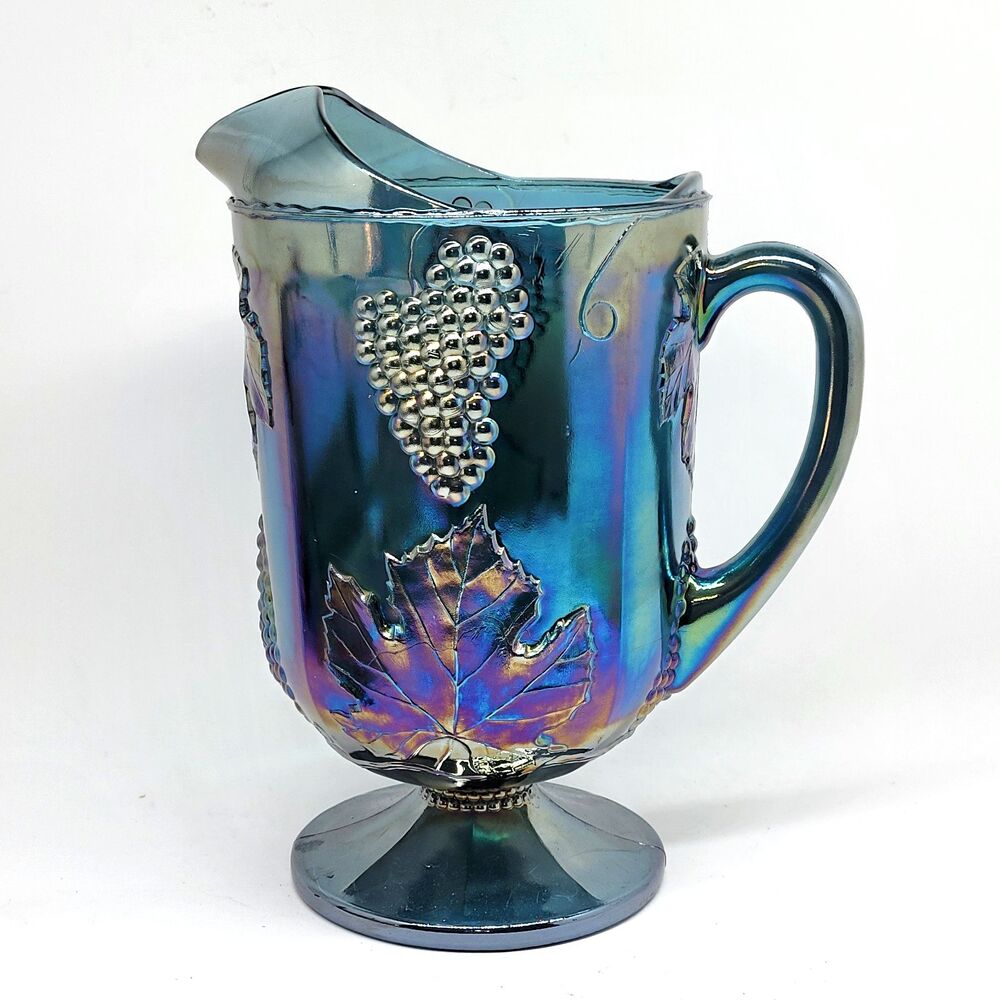 Indiana Blue Carnival Glass Harvest Grape Iridescent Pitcher, 10.5” - 64oz